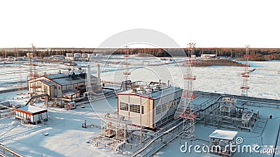 Oil gas plant winter stark frosty landscape plant, energy production harsh winter conditions. resilience operational Stock Photo