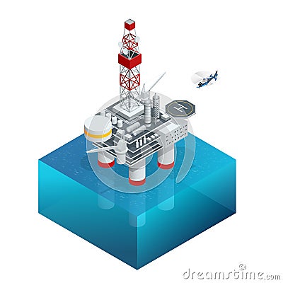 Oil and gas platform in the gulf or the sea. The world energy. Offshore oil and rig construction. Vector isometric icon. Vector Illustration