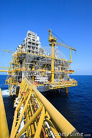 Oil and gas platform in offshore industry, Production process in petroleum industry, Construction plant of oil and gas industry Stock Photo