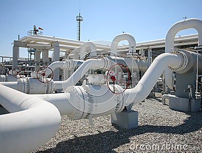 Oil gas processing plant pipe line valves Stock Photo