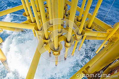 Oil and Gas Producing Slots at Offshore Platform, Oil and Gas Industry. Well head slot on the platform or rig Stock Photo