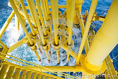 Oil and Gas Producing Slots at Offshore Platform, Oil and Gas Industry. Well head slot on the platform or rig Stock Photo