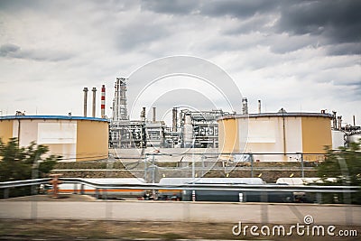 Oil or gas refinery. equipment and complexes with gasoline, pipelines, tanks for hydrocarbon processing and oil refining. Stock Photo