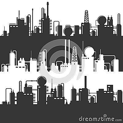 Oil and Gas Refinery Power Plant Silhouette. Vector Pattern Set Vector Illustration