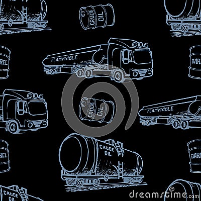 Oil and gas transportation. Rrailroad and road transport. Gray on black. Seamless pattern Vector Illustration