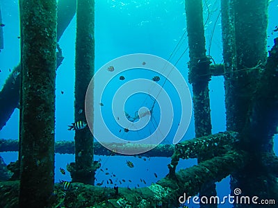 Oil and gas wellhead remote platform, Under water shooting to oil and gas sea line export. Stock Photo