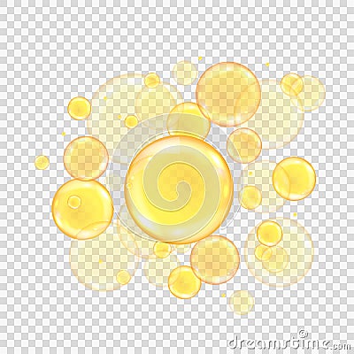 Oil golden bubbles isolated on transparent background. Realistic gold collagen balls. Oily vitamin serum droplets Cartoon Illustration