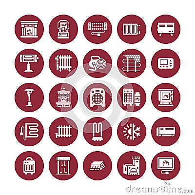 Oil heater, fireplace, convector, panel column radiator and other house heating appliances glyph icons. Home warming Vector Illustration