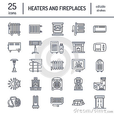 Oil heater, fireplace, convector, panel column radiator and other house heating appliances line icons. Home warming thin Vector Illustration