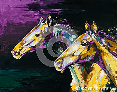 Oil horse portrait painting in multicolored tones. Conceptual abstract painting of a horses. Stock Photo