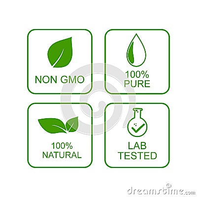 Oil icons set ,100% natural, non GM0, 100 % pure, lab tested Vector Illustration