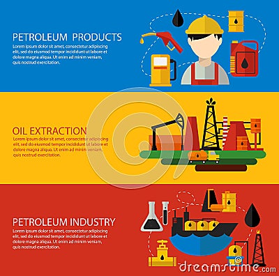 Oil Industry Banner Flat Set Vector Illustration