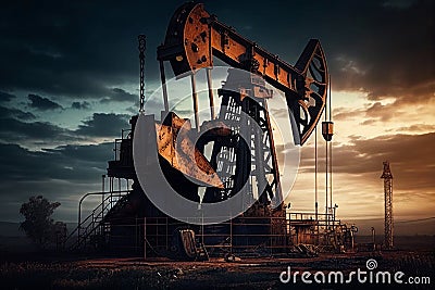 Oil Industry Banner, Silhouette Pumpjack on a Background of Mountains. Overground Drive for a Reciprocating Piston Pump Stock Photo