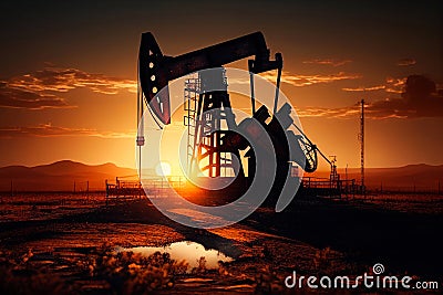 Oil Industry Banner, Silhouette Pumpjack on a Background of Mountains. Overground Drive for a Reciprocating Piston Pump Stock Photo