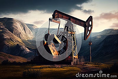 Oil Industry Banner, Silhouette Pumpjack on a Background of Mountains. Overground Drive for a Reciprocating Piston Pump Stock Photo