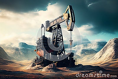 Oil Industry Banner, Silhouette Pumpjack on a Background of Mountains. Overground Drive for a Reciprocating Piston Pump Stock Photo