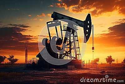 Oil Industry Banner, Silhouette Pumpjack on a Background of Mountains. Overground Drive for a Reciprocating Piston Pump Stock Photo