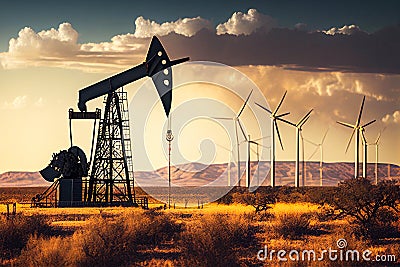 Oil Industry Banner, Silhouette Pumpjack on a Background of Mountains. Overground Drive for a Reciprocating Piston Pump Stock Photo