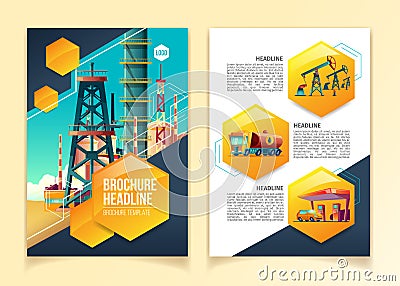 Oil industry brochure template vector illustration for oil refinery, gas producing company or petroleum refining plant Vector Illustration