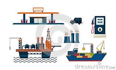 Oil industry business concept. Flat vecroe design of oil platform, gas station, car, ship and factory. Petroleum Vector Illustration