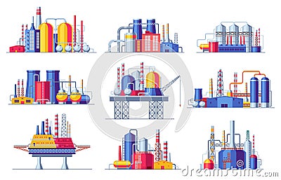 Oil industry constructions set. Petrochemical industrial buildings oil refinery factory icons, coal mining processing Vector Illustration
