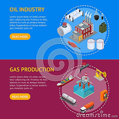 Oil Industry and Energy Resource Banner Horizontal Set Isometric View. Vector Vector Illustration