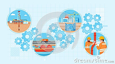 Oil industry infographic. Refinery objects. Logistic Fuel extraction. Petrol transportation by tanker and pipeline maintenance. Vector Illustration