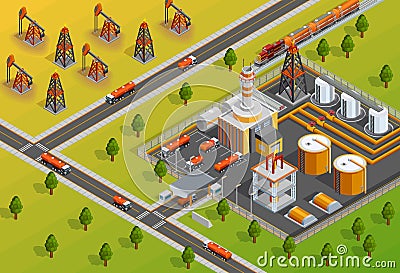 Oil Industry Refinery Facility Isometric Poster Vector Illustration