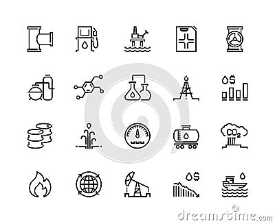 Oil line icons. Gas fuel station, chemical industry petrol tank, petroleum refinery factory, oil rig drill platform Vector Illustration