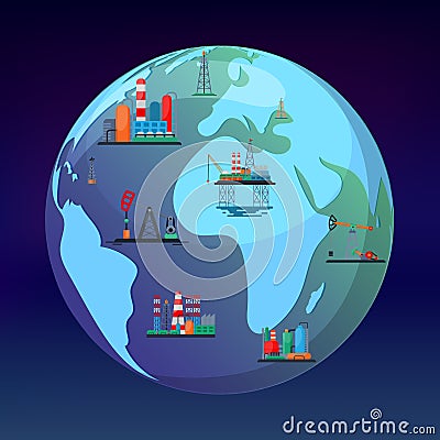 Oil mining production concept vector illustration. Planet earth globe with oil and gas obtain industry facilities. On Vector Illustration