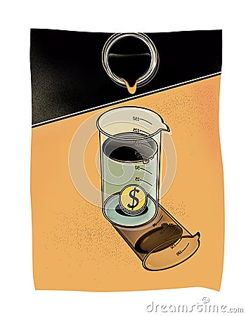Oil and money. Oil is pouring into a glass beaker with a coin at the bottom Stock Photo