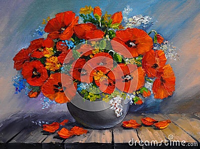 Oil painding - a bouquet of poppies in a vase on a wooden table Stock Photo