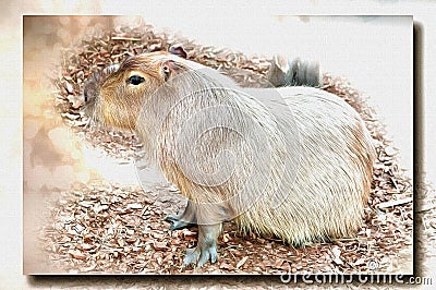 Great rodent Capybara. Imitation of a picture. Oil paint. Rendring Stock Photo