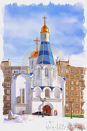 Murmansk. Cityscape. Temple of the Savior on Waters. Imitation of a picture. Oil paint. Illustration Stock Photo