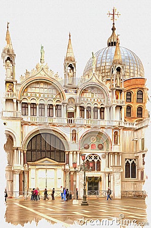 Decoration on a facade of basilica of Saint Mark. Imitation of a picture. Oil paint. Illustration. City Venice Stock Photo