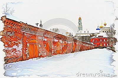 Storages and barns at Lavra. Imitation of a picture. Oil paint. Illustration Stock Photo