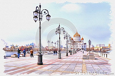 View of the Cathedral of Christ the Savior. Imitation of a picture. Oil paint. Illustration Stock Photo