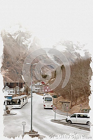 Village of Gudvangen. Imitation of a picture. Oil paint. Illustration Stock Photo