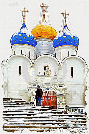 Trinity Lavra of St. Sergius. Imitation of a picture. Oil paint. Illustration Stock Photo