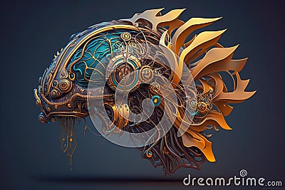 Oil paint style steampunk head, gears and mechanism pattern, generative AI Stock Photo