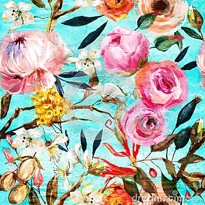 Oil painted seamless floral pattern Stock Photo