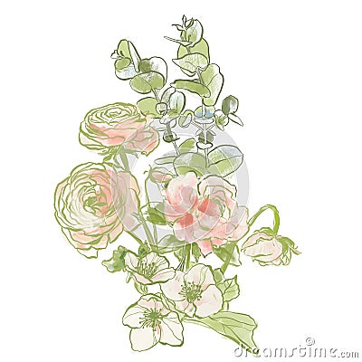 Oil painting abstract bouquet of ranunculus, jasmine and eucalyptus. Hand painted floral composition isolated on white Stock Photo