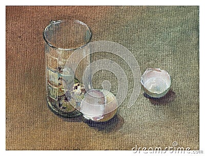 Oil painting. The apotheosis of food. Scraps. Shell quail eggs in a glass flask Stock Photo