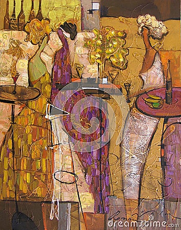 Oil painting, artist Roman Nogin, series `Female talk.` Author`s version of color Stock Photo