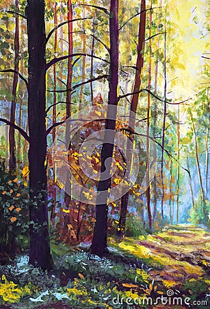 Oil painting Autumn forest scenery with rays of warm light illumining gold foliage Cartoon Illustration