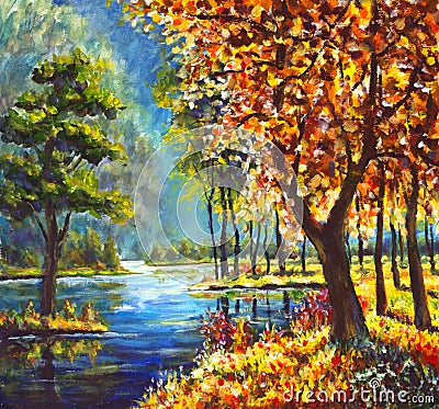 oil painting autumn gold trees and Green Pine Tree on shore against the backdrop of blue mountain river Stock Photo