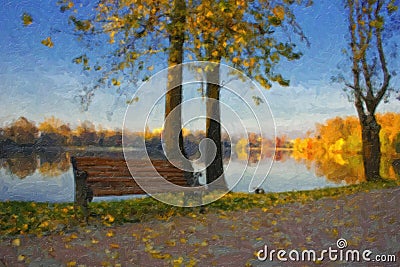 Oil painting with autumn lake Stock Photo