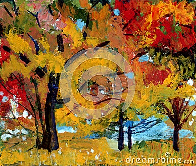 Oil painting autumn landscape Cartoon Illustration