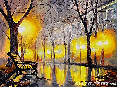 Oil painting of autumn street, art work Stock Photo