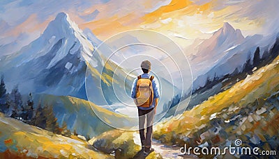 Oil painting back view male hiking in mountains with backpack. Observing landscape, travel, tourism Stock Photo